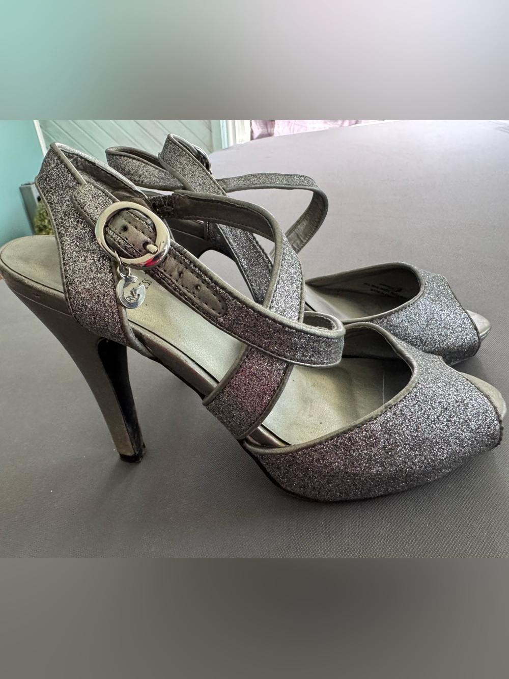 Guess Glitter Platform Strappy Heels - Silver